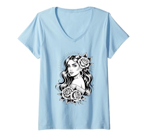 Damen Zigeunertätowierung Cool Lady Klassische amerikanische Tattoos im Vintage-Stil T-Shirt mit V-Ausschnitt von Tradition Inkwear