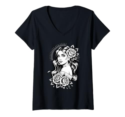 Damen Zigeunertätowierung Cool Lady Klassische amerikanische Tattoos im Vintage-Stil T-Shirt mit V-Ausschnitt Damen Zigeunertätowierung Cool Lady Klassische amerikanische Tattoos im Vintage-Stil T-Shirt mit V-Ausschnitt von Tradition Inkwear