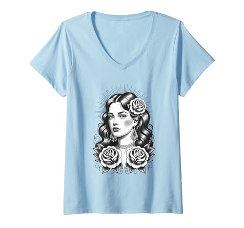 Damen Zigeunertätowierung Cool Lady Klassische amerikanische Tattoos im Vintage-Stil T-Shirt mit V-Ausschnitt Damen Zigeunertätowierung Cool Lady Klassische amerikanische Tattoos im Vintage-Stil T-Shirt mit V-Ausschnitt von Tradition Inkwear