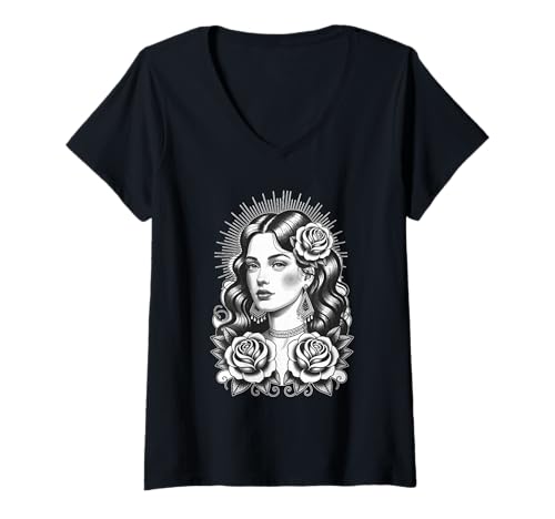 Damen Zigeunertätowierung Cool Lady Klassische amerikanische Tattoos im Vintage-Stil T-Shirt mit V-Ausschnitt von Tradition Inkwear