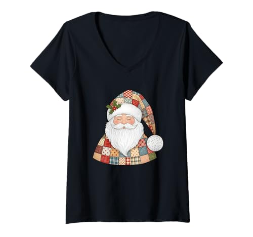 Damen Gemütliches Patchwork-Weihnachtsmann-Design T-Shirt mit V-Ausschnitt Damen Gemütliches Patchwork-Weihnachtsmann-Design T-Shirt mit V-Ausschnitt von Traditional Christmas Santa Quilt Pattern