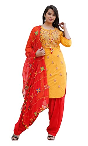 Traditional Jaipur Damen Rayon Classic 3-teiliges Set Handarbeit Kurti mit wunderschönem bedruckten Rock zusammen mit Shiffon Dupatta von INDACORIFY