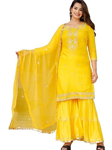 Traditional Jaipur Frauen Rayon Festkleid mit Stickerei Kurti mit Sharara mit Dupatta (X-Large, Yellow) von INDACORIFY