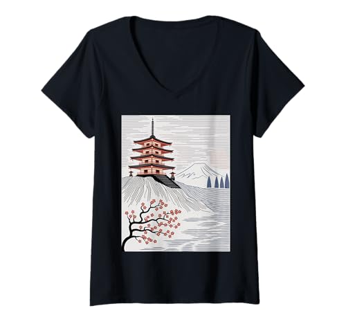 Damen Japanische Pagode Berg Fuji Kirschblüte Landschaftskunst T-Shirt mit V-Ausschnitt Damen Japanische Pagode Berg Fuji Kirschblüte Landschaftskunst T-Shirt mit V-Ausschnitt von Traditional Japan Aesthetic Temple View Nature