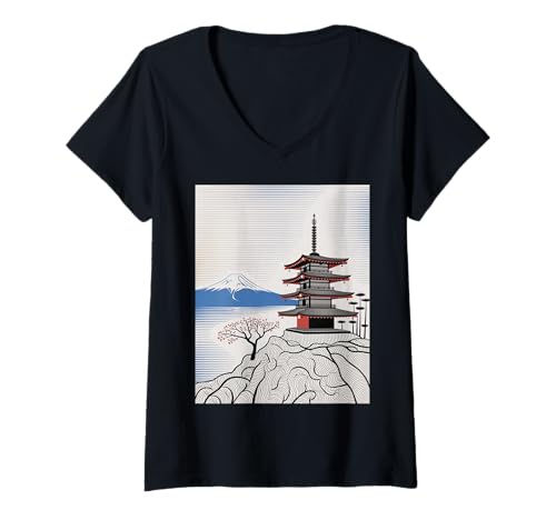 Damen Japanische Pagode Berg Fuji Kirschblüte Landschaftskunst T-Shirt mit V-Ausschnitt von Traditional Japan Aesthetic Temple View Nature