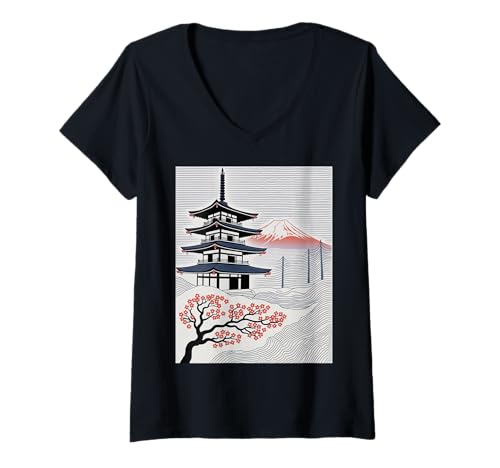 Damen Japanische Pagode Berg Fuji Kirschblüte Landschaftskunst T-Shirt mit V-Ausschnitt von Traditional Japan Aesthetic Temple View Nature