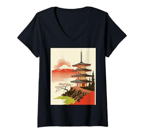Damen Japanische Pagode Tempel Berg Fuji Kirschblüte Kunst T-Shirt mit V-Ausschnitt Damen Japanische Pagode Tempel Berg Fuji Kirschblüte Kunst T-Shirt mit V-Ausschnitt von Traditional Japan Landscape Fuji Sun Pagoda