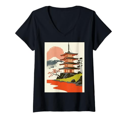 Damen Japanische Pagode Tempel Berg Fuji Kirschblüte Kunst T-Shirt mit V-Ausschnitt Damen Japanische Pagode Tempel Berg Fuji Kirschblüte Kunst T-Shirt mit V-Ausschnitt von Traditional Japan Landscape Fuji Sun Pagoda