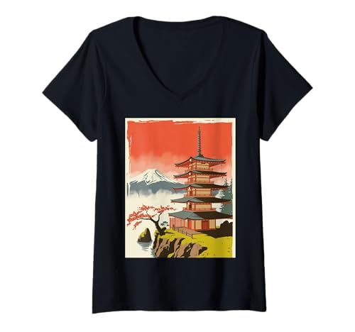 Damen Japanische Pagode Tempel Berg Fuji Kirschblüte Kunst T-Shirt mit V-Ausschnitt Damen Japanische Pagode Tempel Berg Fuji Kirschblüte Kunst T-Shirt mit V-Ausschnitt von Traditional Japan Landscape Fuji Sun Pagoda