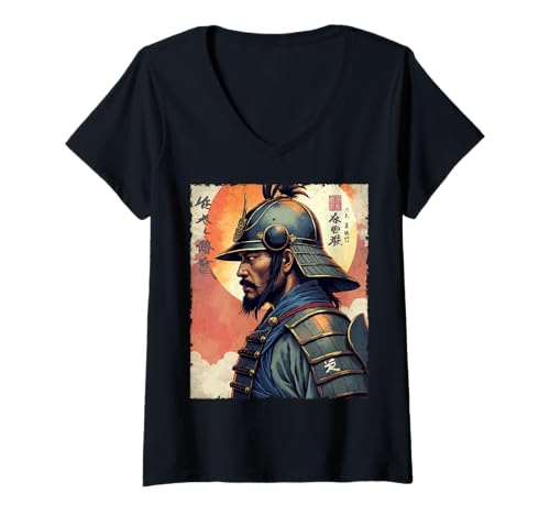 Damen Samurai Warrior Art Traditionelle japanische Rüstung mit Sonnenuntergang T-Shirt mit V-Ausschnitt Damen Samurai Warrior Art Traditionelle japanische Rüstung mit Sonnenuntergang T-Shirt mit V-Ausschnitt von Traditional Japanese Samurai Warrior with Sunset