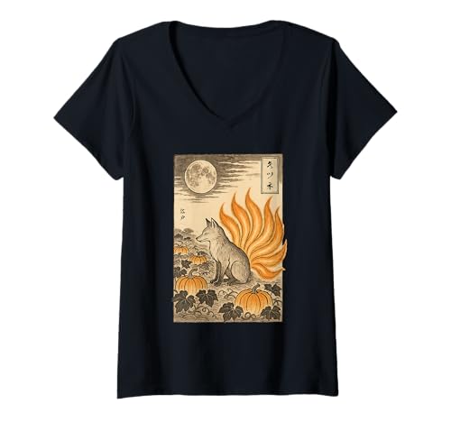 Damen Vintage Ukiyo-e Japanische Mythologie Fuchs Sumi-e T-Shirt mit V-Ausschnitt Damen Vintage Ukiyo-e Japanische Mythologie Fuchs Sumi-e T-Shirt mit V-Ausschnitt von Traditional Japanese Sumi-e Kitsune Mystical