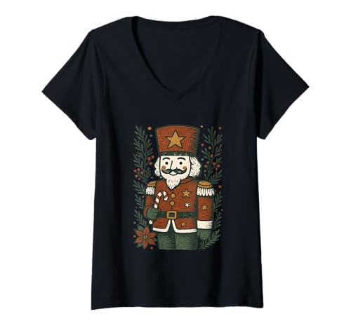 Damen Nussknacker Weihnachten Vintage Holiday Cheer T-Shirt mit V-Ausschnitt Damen Nussknacker Weihnachten Vintage Holiday Cheer T-Shirt mit V-Ausschnitt von Traditional Nutcracker Holiday Festive Decor