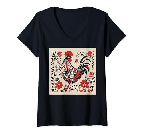 Damen Polnisches traditionelles Volksmuster, östliche Folklore T-Shirt mit V-Ausschnitt von Traditional Polish Look