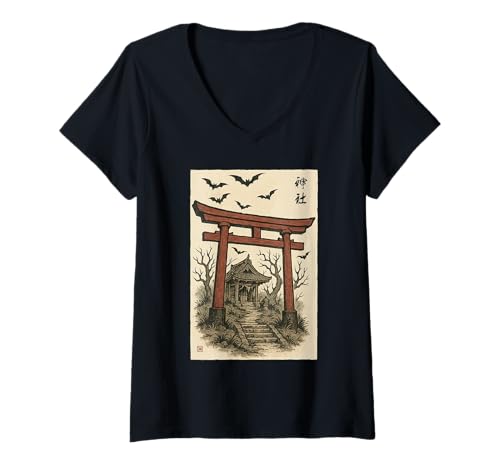 Damen Gruseliger japanischer Schrein Torii Gate Vintage Ukiyo-e T-Shirt mit V-Ausschnitt Damen Gruseliger japanischer Schrein Torii Gate Vintage Ukiyo-e T-Shirt mit V-Ausschnitt von Traditional Vintage Japanese Yokai Aesthetics