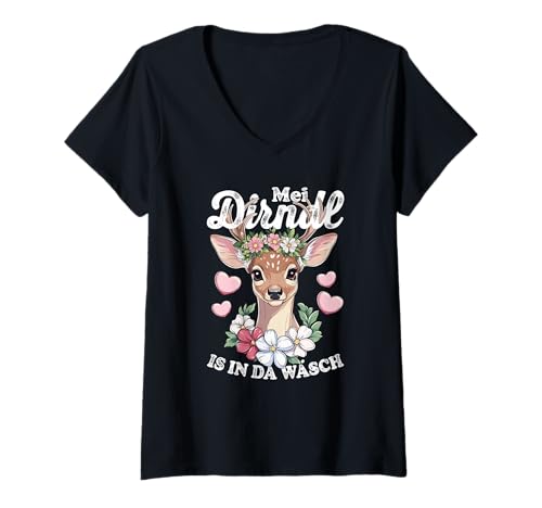Damen Lustiger Bayerischer Hirsch MEI Dirndl is in da Wäsch T-Shirt mit V-Ausschnitt von Traditionelle Bayerische Volksfeste Humor