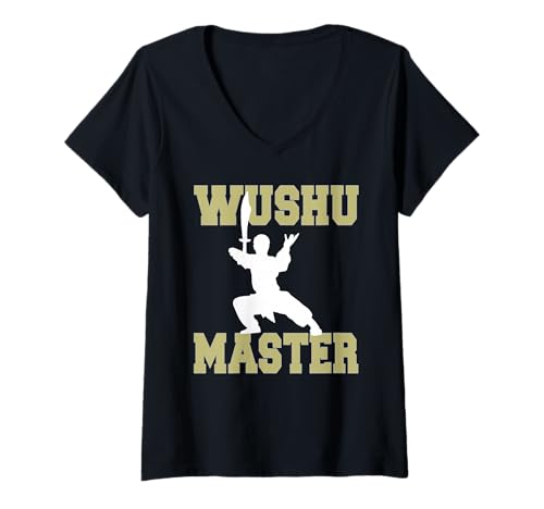 Damen Elite Wushu Meisterschaft mit Waffe und Haltung T-Shirt mit V-Ausschnitt Damen Elite Wushu Meisterschaft mit Waffe und Haltung T-Shirt mit V-Ausschnitt von Traditioneller Kampfpose Krieger Ausdruck