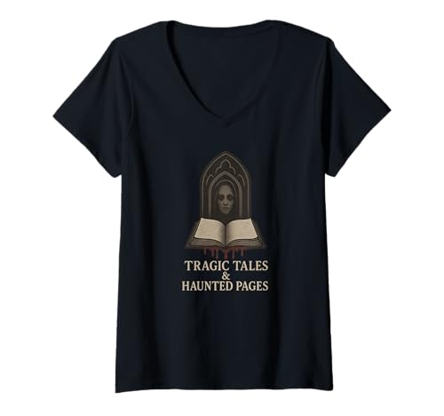 Damen Spukbuch Gothic Horror Dark Aesthetic Reading T-Shirt mit V-Ausschnitt Damen Spukbuch Gothic Horror Dark Aesthetic Reading T-Shirt mit V-Ausschnitt von Tragic Gothic Tales Horror Book Women
