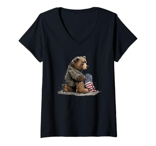 Damen Battlefield Bär mit USA-Flagge und Militärschuhen symbolisch T-Shirt mit V-Ausschnitt Damen Battlefield Bär mit USA-Flagge und Militärschuhen symbolisch T-Shirt mit V-Ausschnitt von Tragic USA Bear
