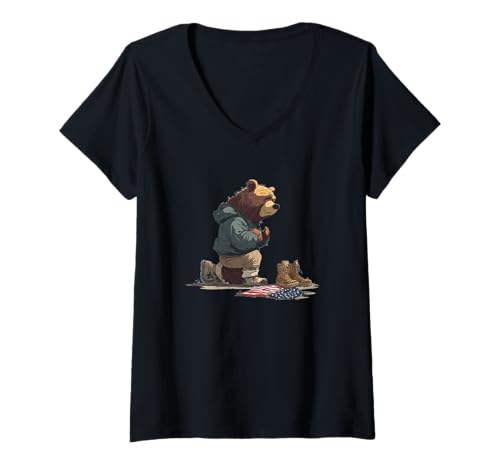 Damen Netter Soldatenbär mit patriotischer Flagge und Bedeutung T-Shirt mit V-Ausschnitt Damen Netter Soldatenbär mit patriotischer Flagge und Bedeutung T-Shirt mit V-Ausschnitt von Tragic USA Bear