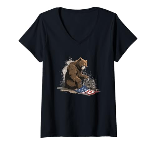 Damen Symbolischer Bär mit Schlacht Militärschuhe Kostüm T-Shirt mit V-Ausschnitt Damen Symbolischer Bär mit Schlacht Militärschuhe Kostüm T-Shirt mit V-Ausschnitt von Tragic USA Bear