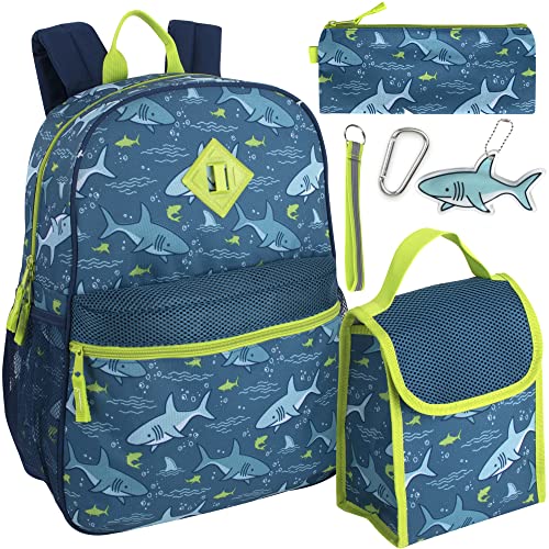 Trail maker 6-in-1-Rucksack-Set für Jungen mit Lunch-Tasche, Federmäppchen, Lineal, Clip und Handgelenk-Schlüsselanhänger, Salzige Meereshaie, L von Trail maker