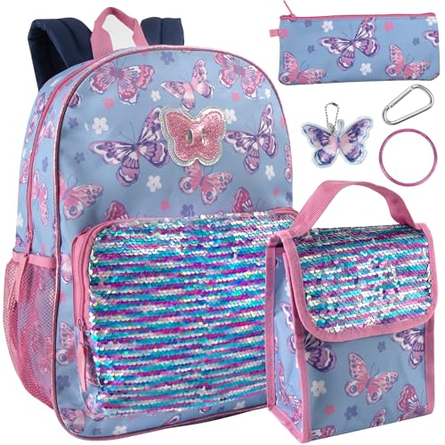 Trail maker 6-in-1-Rucksack-Set für Jungen mit Lunchtasche, Federmäppchen, Lineal, Clip und Schlüsselanhänger, Pailletten und Schmetterlinge, 42 von Trail maker