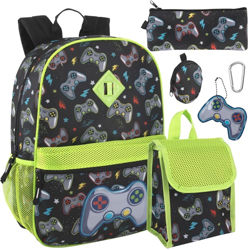 Trail maker 6-in-1-Rucksack-Set für Jungen mit Lunchtasche, Federmäppchen, Lineal, Clip und Schlüsselanhänger (Ready Player) von Trail maker