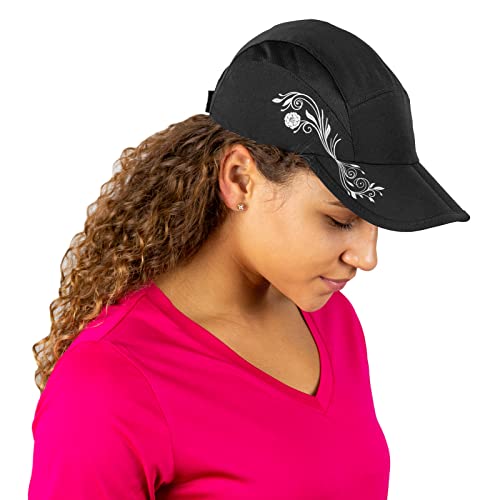 TrailHeads Faltbare Laufkappe für Damen | Kappe Damen Sommer mit UV-Schutz - Schwarz mit Aufdruck von TrailHeads
