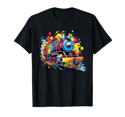 Train Art I Cartoon Train I Steam Locomotive Bunter Zug I Kinder Zug T-Shirt Schwarz Cartoon Kinder Cartoon T-Shirt Kleinkind Small Crew Neck Kurzarm Polyester 100% Klassisch Unisex-Kinder von Train Art I Cartoon Train I Steam Locomotive