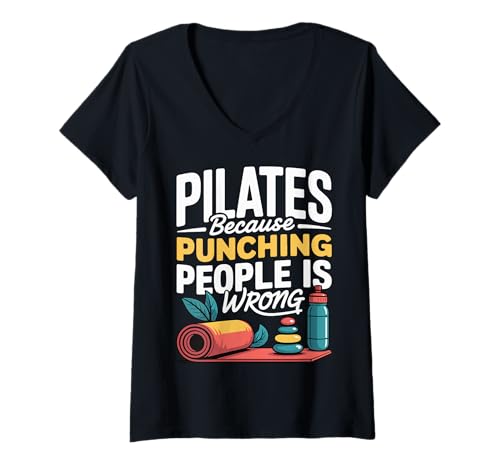 Damen Pilates Because Punching People is Wrong T-Shirt mit V-Ausschnitt Damen Pilates Because Punching People is Wrong T-Shirt mit V-Ausschnitt von Training Pilates trainer Lustig