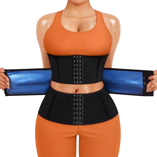 TrainingGirl Frauen Schweiß Taille Trimmer Trainer Sauna Korsett Workout Gürtel Bauch Band Bauch Wraps Body Shaper Sport Girdle, Schwarz-blau innen, Medium von TrainingGirl