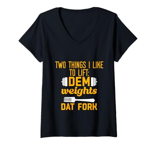 Damen Two Things I Like To Lift, Dem Weights, Dat Fork - T-Shirt mit V-Ausschnitt von Trainingsroutine für Gewichtheber