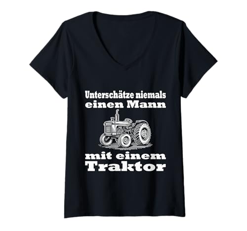 Damen Unterschätze Niemals einen Mann mit Traktor T-Shirt mit V-Ausschnitt Damen Unterschätze Niemals einen Mann mit Traktor T-Shirt mit V-Ausschnitt von Traktor Landwirtschaft Designs
