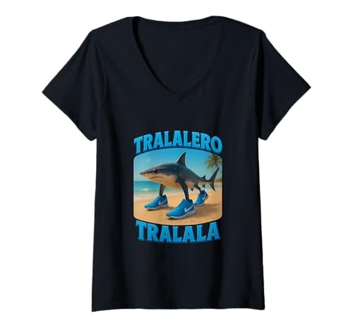 Damen Tralalero Tralala Brainrot Italienisches Brainrot Meme T-Shirt mit V-Ausschnitt von Tralalero Tralala Brainrot