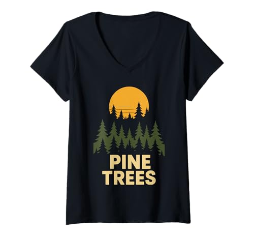 Damen Pine Trees Sonnenuntergang Kiefer Natur Wald Camping Wandern T-Shirt mit V-Ausschnitt Damen Pine Trees Sonnenuntergang Kiefer Natur Wald Camping Wandern T-Shirt mit V-Ausschnitt von Tranquil Pine Trees Natur Wald Erlebnis