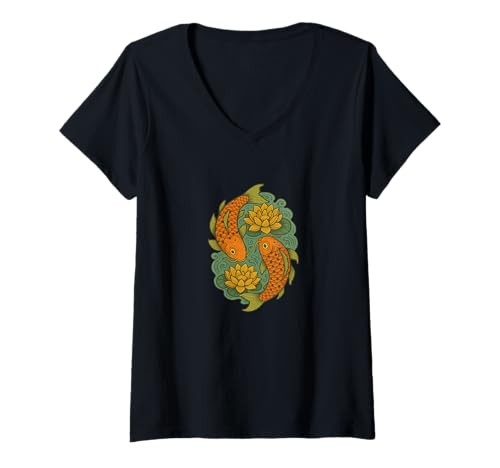 Damen Koi- und Lotusblumen, friedliches Zen-Motiv, inspiriert von der Natur T-Shirt mit V-Ausschnitt Damen Koi- und Lotusblumen, friedliches Zen-Motiv, inspiriert von der Natur T-Shirt mit V-Ausschnitt von Tranquil Water Harmony Emporium