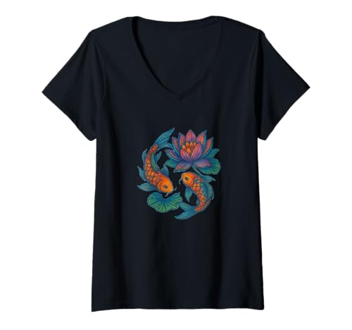 Damen Koi- und Lotusblumen, friedliches Zen-Motiv, inspiriert von der Natur T-Shirt mit V-Ausschnitt von Tranquil Waters Harmony Emporiums