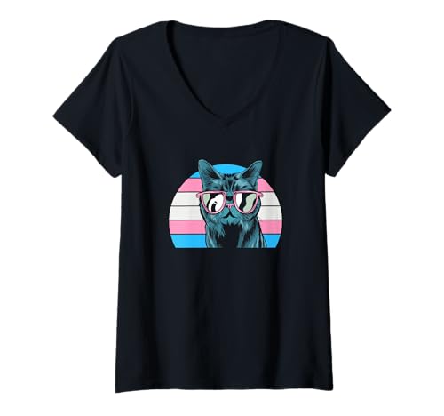 Damen Trans Pride Trans Flag Katzen-Sonnenbrille T-Shirt mit V-Ausschnitt von Trans Pride Apparel, Gifts And Gift Ideas