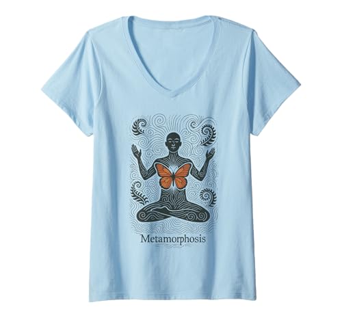 Damen Metamorphose Schmetterling Meditate Geist Körper Seele T-Shirt mit V-Ausschnitt Damen Metamorphose Schmetterling Meditate Geist Körper Seele T-Shirt mit V-Ausschnitt von Transform Calm Butterfly Energy Flow Awakening Art