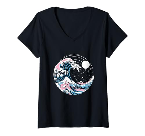 Damen Transgender Pride LGBTQ Transflagge Japanische Wellenkunst LGBT T-Shirt mit V-Ausschnitt von Transgender Pride LGBTQ Trans Flag Japanese 0