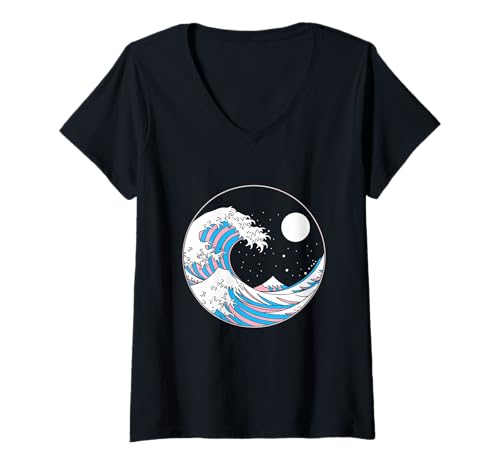 Damen Transgender Pride LGBTQ Transflagge Japanische Wellenkunst LGBT T-Shirt mit V-Ausschnitt von Transgender Pride LGBTQ Trans Flag Japanese 2
