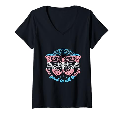 Damen Transgender See Good In All Things Schmetterling Transsexuell T-Shirt mit V-Ausschnitt Damen Transgender See Good In All Things Schmetterling Transsexuell T-Shirt mit V-Ausschnitt von Transsexual LGBTQ Transgender Pride