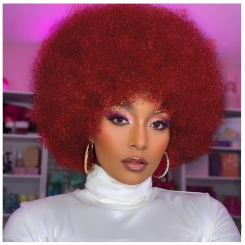 Traqur 70'S Afro-Perücke, lockig, für schwarze Frauen, Afro-Perücken für amerikanische Frauen, große Ohrringe + Make-up-Schwamm + Perückenkappe, Rot von Traqur