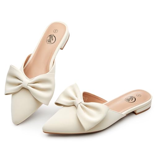 Trary Damen Pantoletten mit spitzer Zehenpartie, Schwarz, Größe 38, Mattes Polyurethan-Weiß, 38.5 EU von Trary