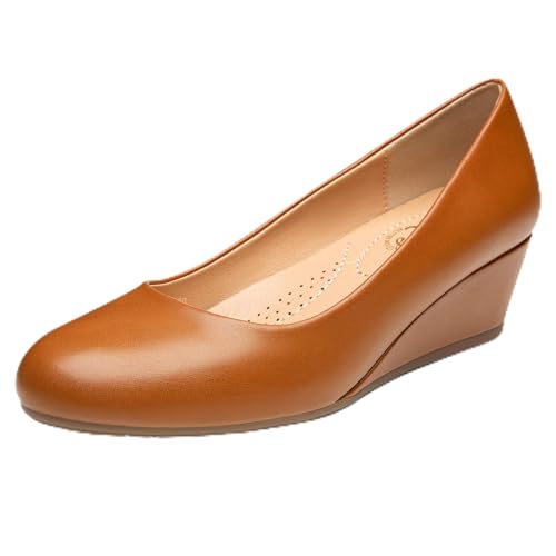 Trary Damen-Pumps mit Keilabsatz, runde Zehen, mittelhohe Absätze, bequem, geschlossene Zehen, elegante Schuhe, Damen-Pumps, Keilschuhe für Hochzeit, Arbeit, Büro, Party, Braun, 43 EU von Trary