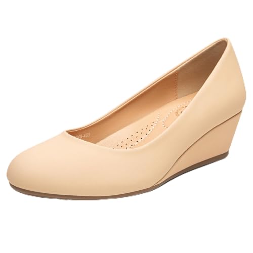 Trary Damen-Pumps mit Keilabsatz, runde Zehen, mittelhohe Absätze, bequem, geschlossene Zehen, elegante Schuhe, Damen-Pumps, Keilschuhe für Hochzeit, Arbeit, Büro, Party, Nubukleder, 40.5 EU von Trary