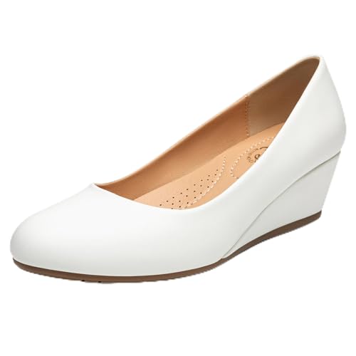 Trary Damen-Pumps mit Keilabsatz, runde Zehen, mittelhohe Absätze, bequem, geschlossene Zehen, elegante Schuhe, Damen-Pumps, Keilschuhe für Hochzeit, Arbeit, Büro, Party, Polyurethan Weiß, 38 EU von Trary