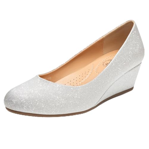 Trary Damen-Pumps mit Keilabsatz, runde Zehen, mittelhohe Absätze, bequem, geschlossene Zehen, elegante Schuhe, Damen-Pumps, Keilschuhe für Hochzeit, Arbeit, Büro, Party, Silber Glitter, 38 EU von Trary