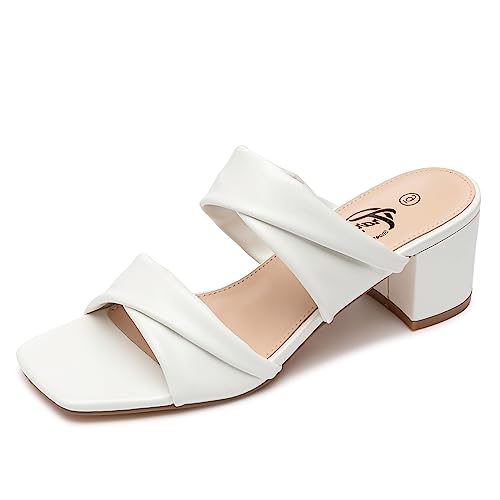 Trary Damen Sandalen Quadratische Zehen Heels Sandalen 5,1 cm Schwarz Weiß Nude Chunky Blockabsatz Sandalen, Weiss/opulenter Garten, 36 EU von Trary