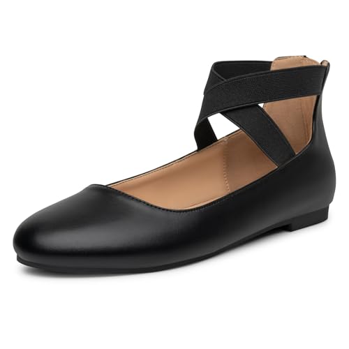 Trary Flache Schuhe für Damen, Ballerinas für Frauen, flache Ballerinas, Mary Jane Schuhe für Frauen, elastische Knöchelriemen, flache Schuhe, runde Zehenpartie, bequeme Business-Casual-flache Schuhe, von Trary